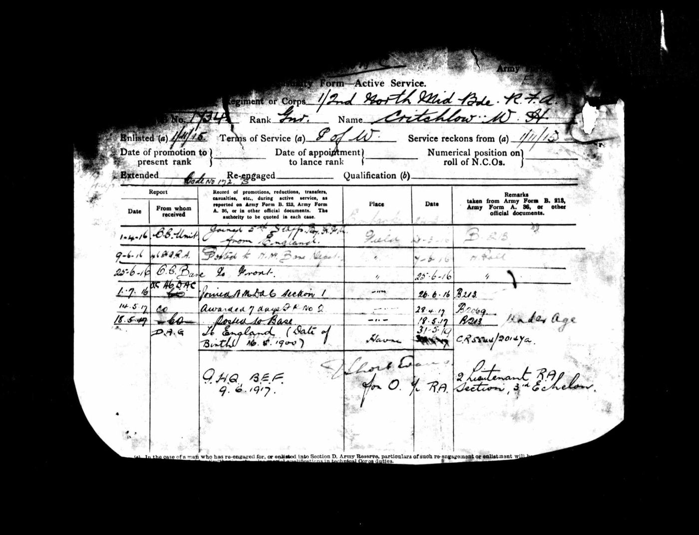 William's Casualty Form – Active Service, listing postings from April 1916 to May 1917