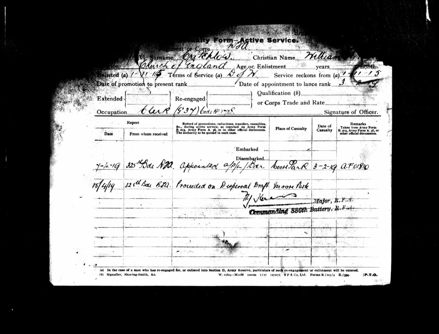 Casualty Form showing appointment as A/P/L/Bdr at Moore Park, 3 February 1919